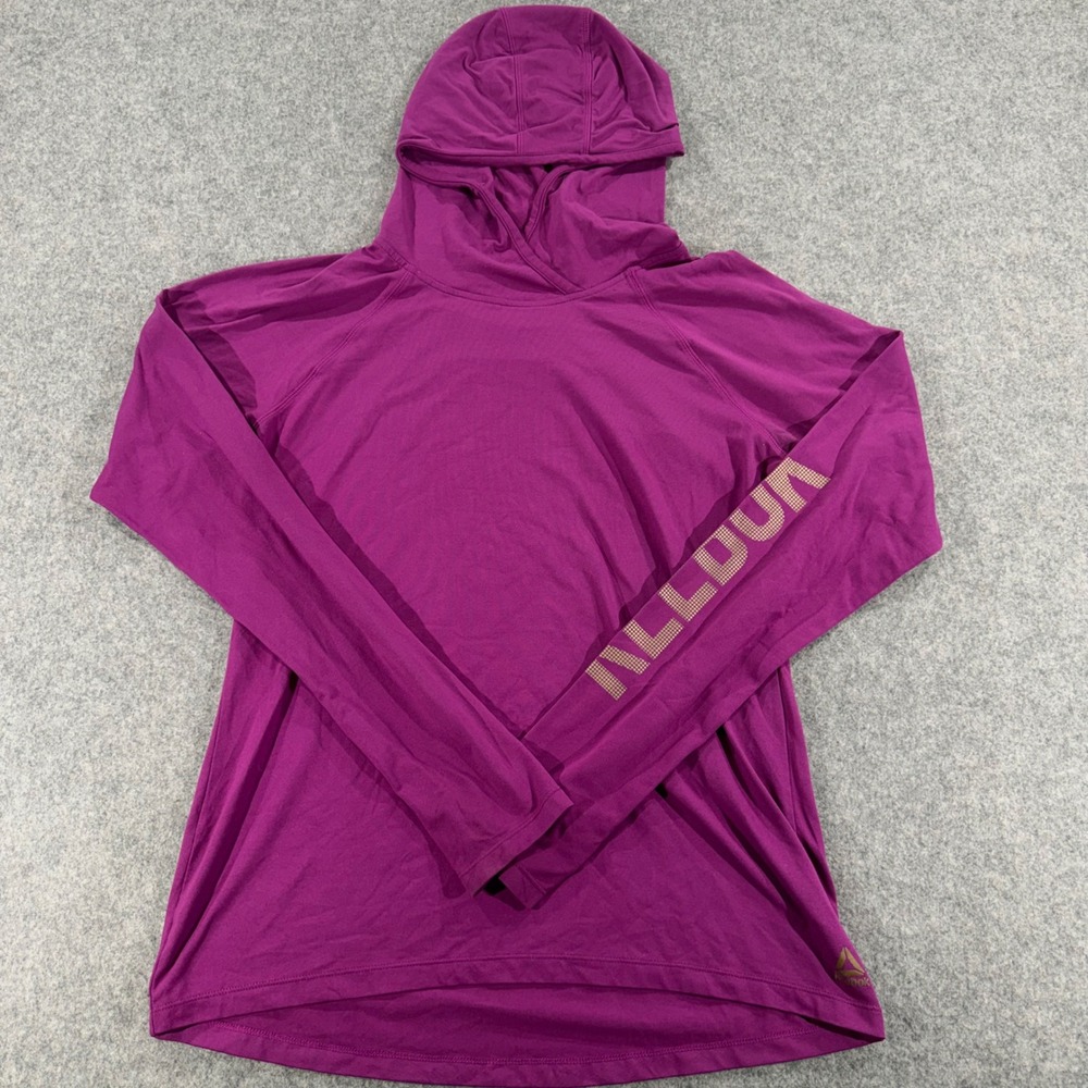 Reebok Womens Magenta Purple Graphic Sleeve Lightweight Activewear Hoodie Large